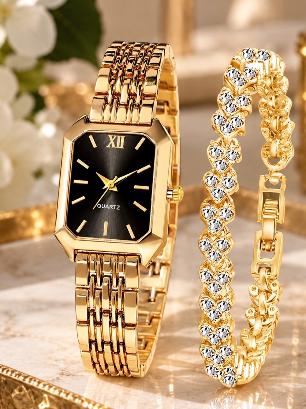 Gold Black Women's Quartz Watch and Crystal Bracelet Set